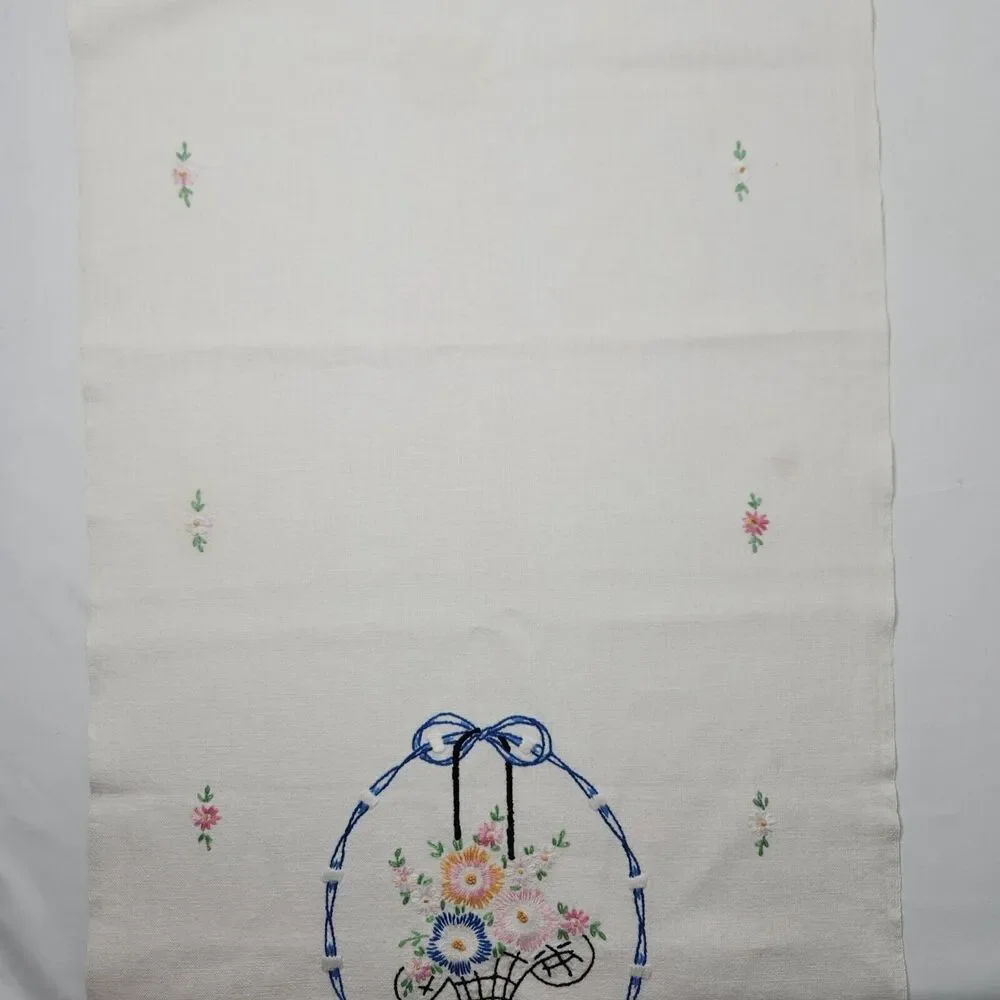Embroidered Table Runner Dresser‎ Scarf Baskets Flowers 17in x 38in Stains